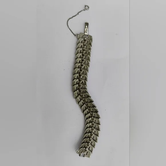 Art Deco Puccini Metal Crocodile Style Bracelet Wide Signed Silver Toned - Picture 10 of 15